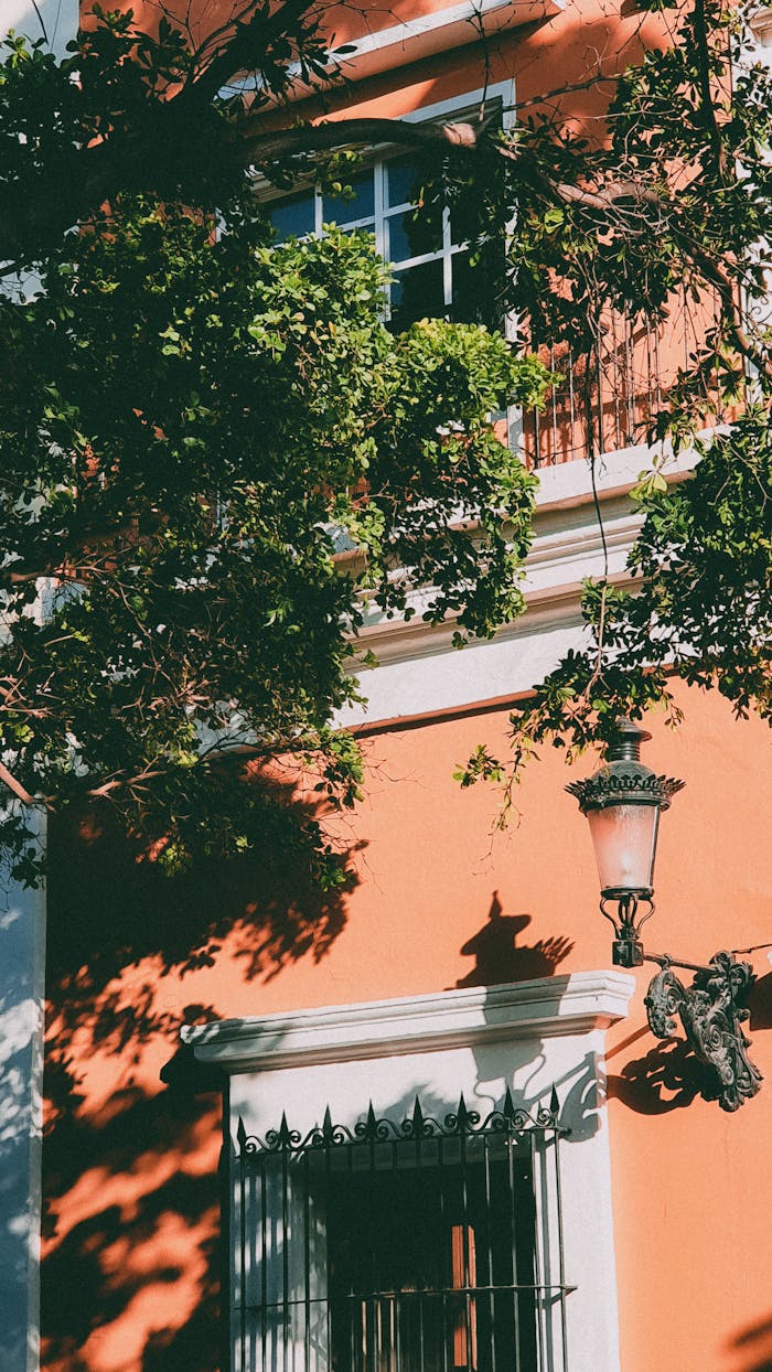 A beautiful peach-colored house facade with a classic lantern and lush greenery in Mazatlán, Mexico.