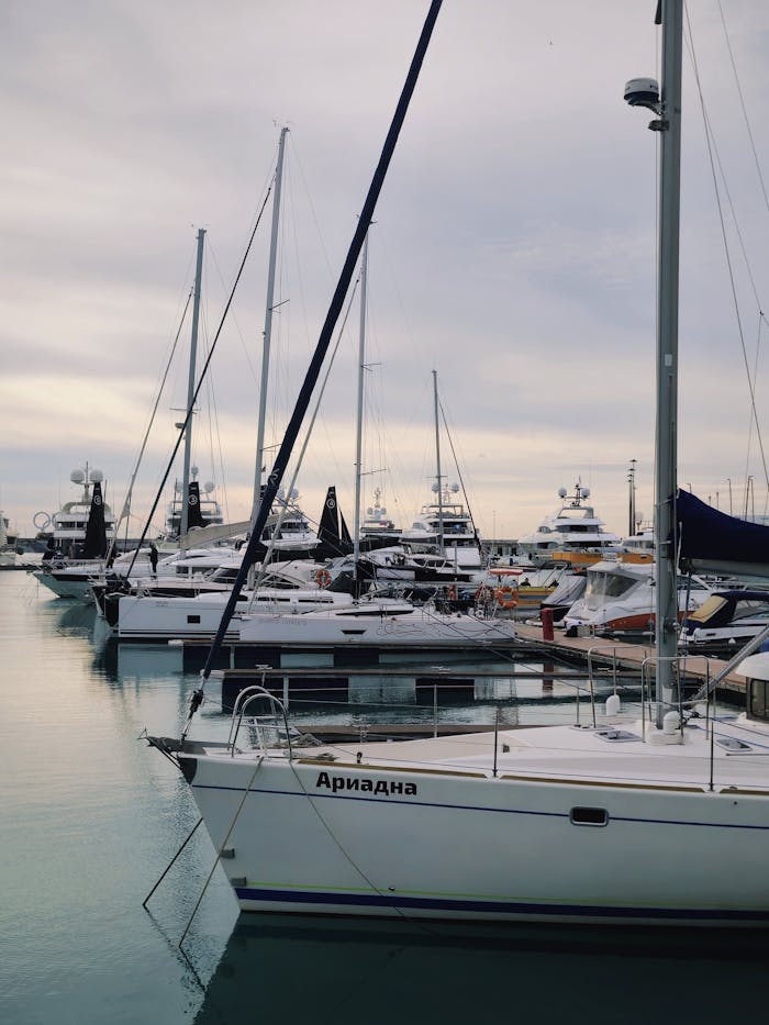 A row of luxury yachts docked at a marina under an overcast sky, perfect for travel and leisure themes.